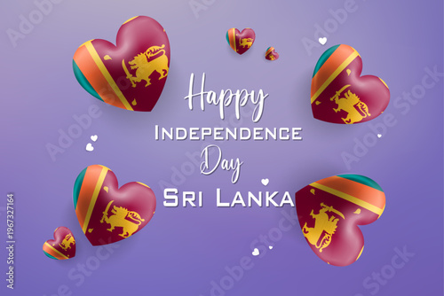 Sri Lanka Independence Day celebration graphic with hearts and golden lion emblem on maroon and golden festive background