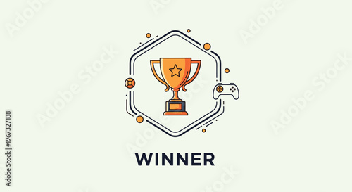 Winner badge featuring a golden trophy cup and a game controller within a hexagonal frame for esports and gaming achievements.