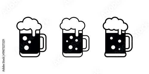 Three black silhouette icons of a beer mug with foam and bubbles on a white background, representing an alcoholic beverage