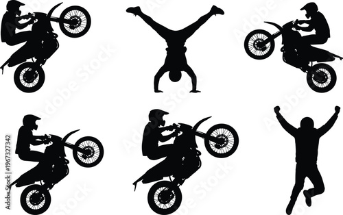 Black silhouette set of motocross riders performing stunts and wheelies cad drawing flat vector illustration for extreme sports action design,