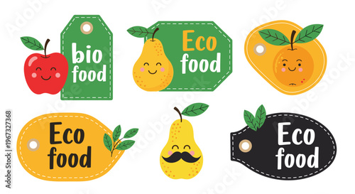 Collection of six colorful eco and bio food tags featuring adorable smiling fruit characters including apples, pears, and oranges.