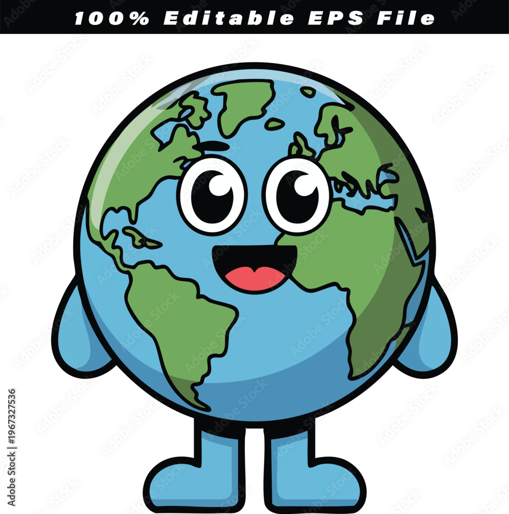 Obraz premium Earth character, a friendly and smiling cartoon globe with arms and legs, proudly displays continents and oceans, symbolizing global unity and environmental protection efforts for a sustainable.