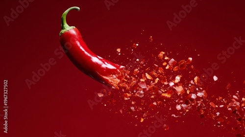 Red Chili Pepper Bursts Against a Bright Red Background Creating a Vibrant Vi...