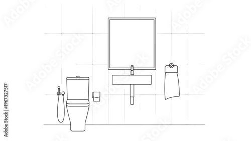 Toilet and sink minimalist line drawing with a mirror, bidet spray, and towel on a tiled wall background.