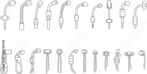 earphone headphone cad drawing flat vector illustration, wireless neckband earbuds sport audio devices, technical design template set for electronics