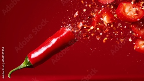 Red Chili Pepper Bursts Into Pieces Against a Red Background in a Kitchen Set...