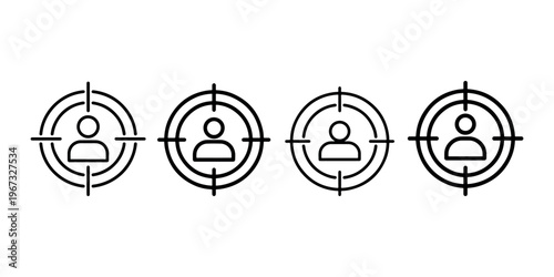 Target audience persona icon set showing human figure inside crosshair symbol representing customer profiling and niche marketing strategy vector design