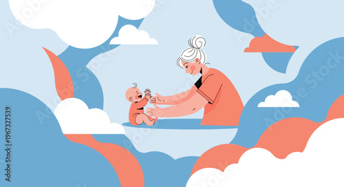 Joyful mother-baby bonding, tender care, and playful interaction in a serene, illustrative setting, celebrating family love and infancy.