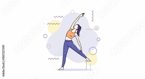 Minimalist vector illustration of a woman performing a yoga pose, stretching her body for health and wellness, with abstract background shapes.