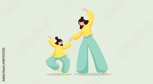 Joyful mother and daughter dancing together, illustrating a happy family bond, playful movement, and an active lifestyle in a modern flat design.