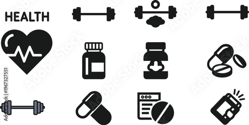 Set of Health and Fitness Icons Featuring Heart Rate, Pills, Supplements, and Gym Equipment for Wellness and Medical Design Projects
