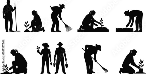 Black silhouette set of farmers and gardeners planting trees and raking soil cad drawing flat vector illustration for agriculture design,