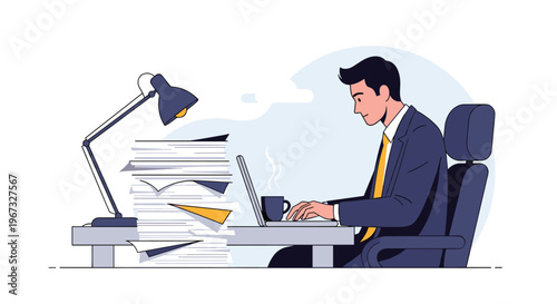 Hardworking businessman sitting at a desk with a massive pile of documents while focused on his laptop and a cup of coffee.