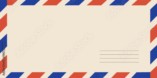 Airmail envelope frame. Commercial envelope. International vintage letter border. Retro air mail postcard with blue and red stripes. Blank correspondence paper template.eps,10