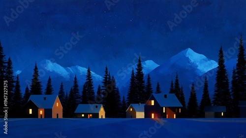 Winter Night Scene With Houses Under a Starry Sky and Mountains in the Backgr...