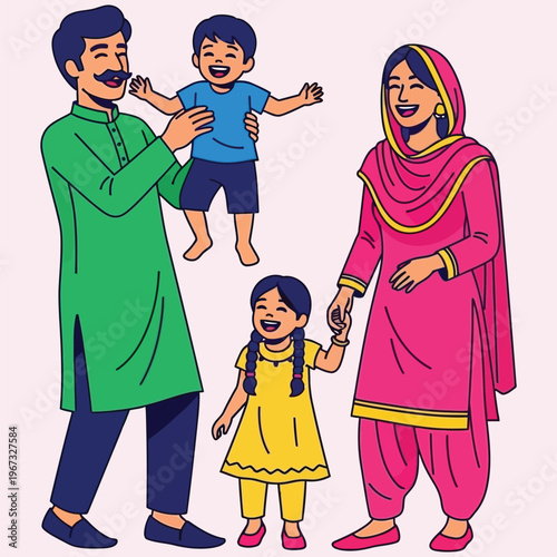 Happy pakistani family with father lifting son and mother holding daughter hand wearing traditional attire