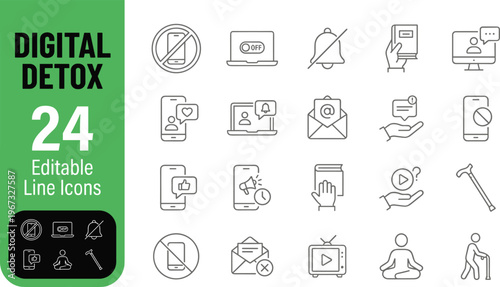 Digital detox editable line icons set for website or app