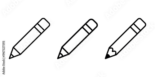 Set of three pencil icons with sharp lead and eraser top for writing drawing and creativity on white background vector illustration simple line art