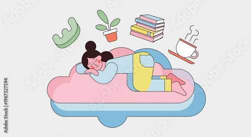 Illustration of a woman peacefully sleeping on a cloud, surrounded by books, a plant, and a warm coffee, symbolizing comfort and relaxation.
