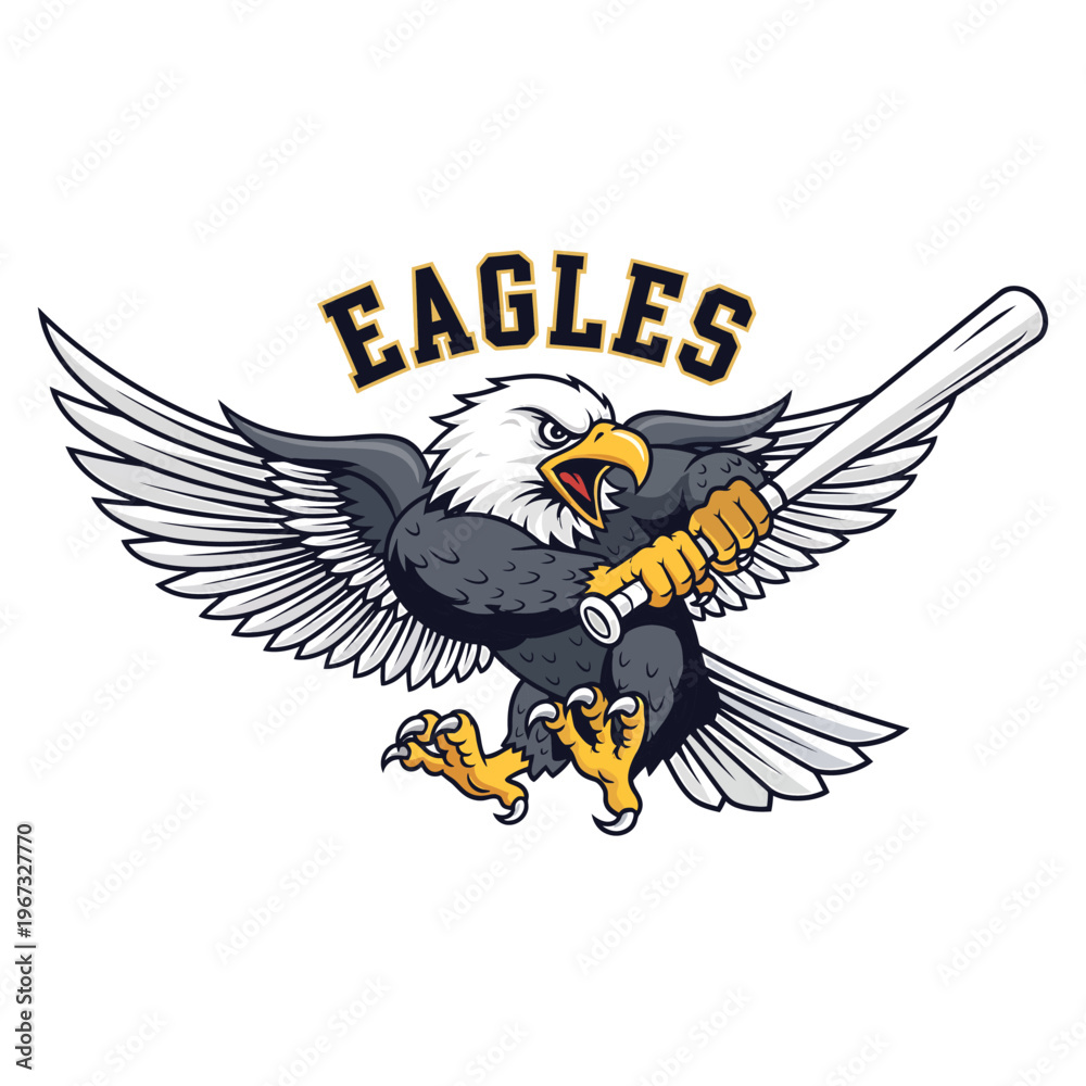 Fototapeta premium Cartoon bald eagle holding baseball bat with wings spread