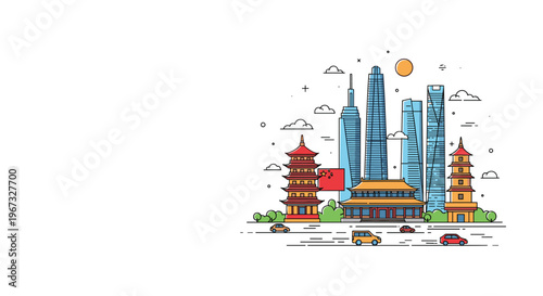 Colorful line art illustration of the Shanghai skyline featuring the Oriental Pearl Tower, modern skyscrapers, and traditional pagodas.