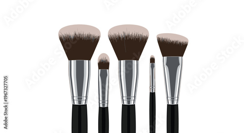 Set of five professional makeup brushes with different brush heads and black handles for beauty and cosmetic applications.