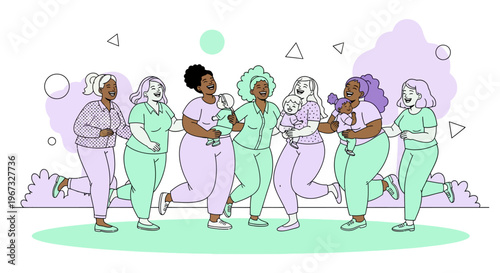Diverse group of women of different ages and ethnicities celebrating motherhood and sisterhood, with babies