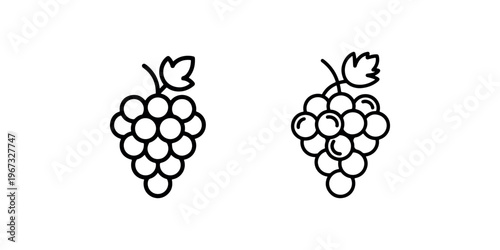 Grapes icons set, healthy fruit symbols, summer harvest cluster of berries with leaf on white background, simple line art design