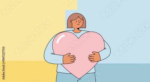 Woman holding large pink heart symbol, representing love, care, health, and emotional well-being against a pastel background.