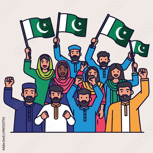 Crowd of pakistani people celebrating independence day waving national flags and raising fists in joy