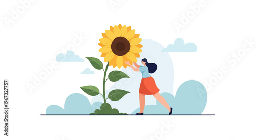 Woman nurturing a giant sunflower, symbolizing growth, nature, and personal development with a positive outlook.