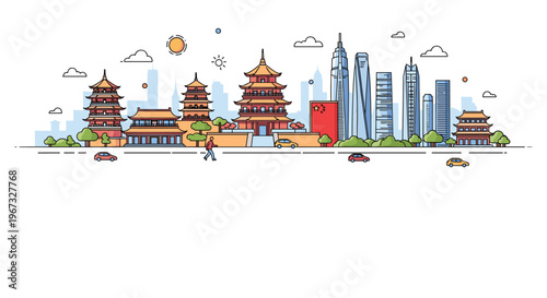 Wide panoramic view of a Chinese metropolis blending ancient pagodas and temples with ultra-modern skyscrapers and urban life.