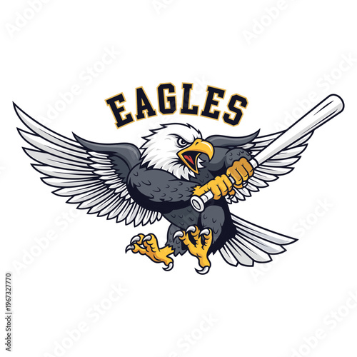 Cartoon bald eagle holding baseball bat with wings spread