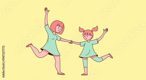 Happy mother and daughter dancing and holding hands, celebrating joy and togetherness, flat vector illustration