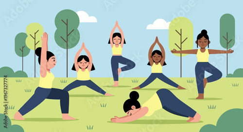 Diverse group of women and girls practicing yoga outdoors in a park, promoting wellness and healthy lifestyle.