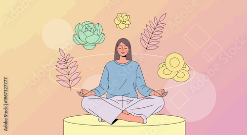 Young woman meditating peacefully in lotus pose, surrounded by floral elements and abstract shapes, representing mindfulness and well-being