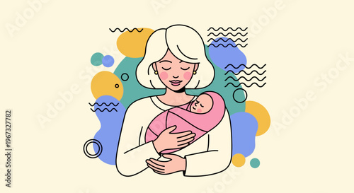 Mother holding her newborn baby with love and tenderness, abstract colorful background, illustration