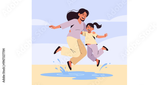 Joyful mother and daughter jumping in puddles, celebrating life and family bonding with laughter and happiness