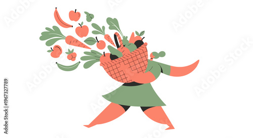 Stylized illustration of a person carrying a basket overflowing with fresh fruits and vegetables, promoting healthy eating and shopping.