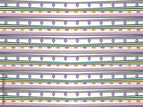 Seamless pattern, a modern abstract geometric design with vibrant horizontal stripes and repeating diamond shapes in purple, gold, teal, and pink on a crisp white background, ideal for