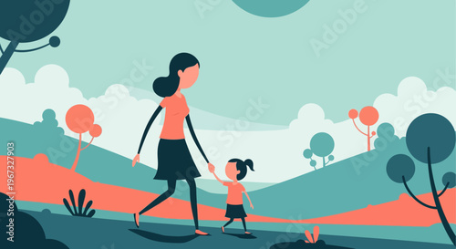 Mother and daughter walking hand in hand in a stylized park with rolling hills and trees, conveying love and family connection.
