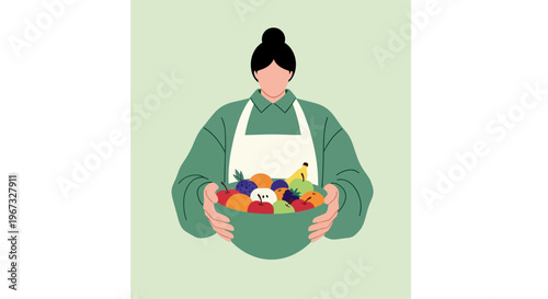 Person in apron holding a bowl full of colorful fresh fruits, healthy eating concept, flat illustration