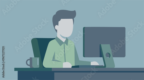 Minimalist illustration of a person working at a computer desk