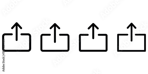 Universal share upload icon collection featuring arrow pointing up from open square box for social media platform publishing and file transfer symbols set