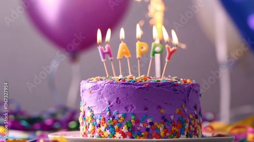 Colorful Cake With Candles Celebrating a Birthday at a Party Table