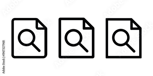 Document search icon set with magnifying glass over paper sheet showing find file functionality for office management and digital database storage systems