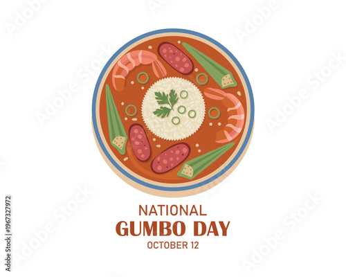 National Gumbo Day vector. Bowl of soup with shrimp, sausage and rice icon vector. Classic meal in Louisiana vector. Gumbo Day Poster, October 12. Important day