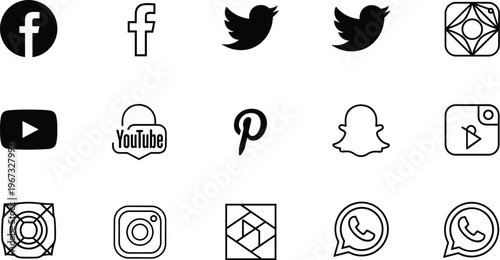 Set of Minimalist Social Media Icons Including Facebook, Twitter, YouTube, Instagram, Pinterest, and WhatsApp for Digital and Web Design Projects