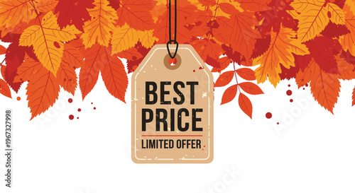 Best price promotion tag hanging from a string over a lush background of colorful autumn leaves for seasonal retail sales.