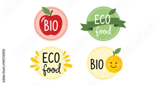 Collection of four labels for bio and eco food products featuring an apple, a smiling orange, and botanical sunburst designs.